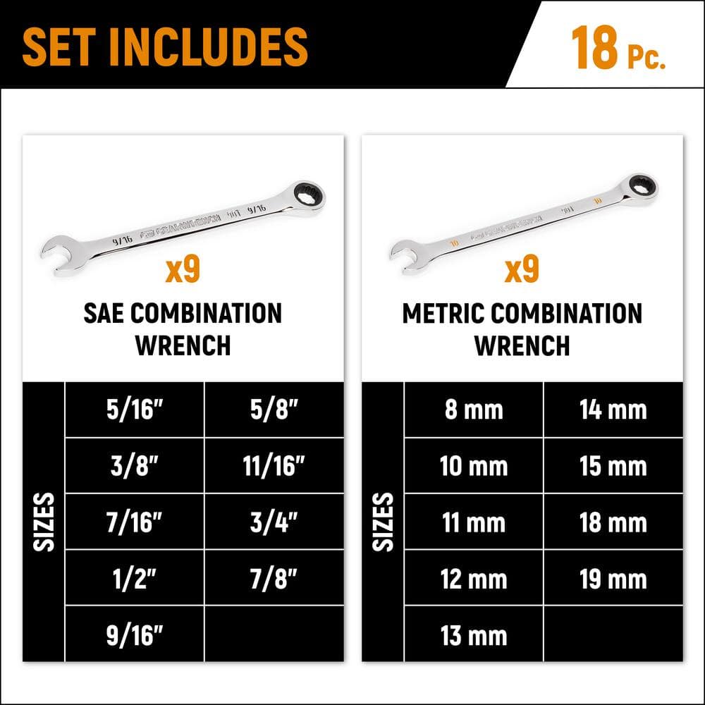 GEARWRENCH SAE/MM 90-Tooth Pro Combination Ratcheting Wrench Tool Set with Tray (18-Piece)