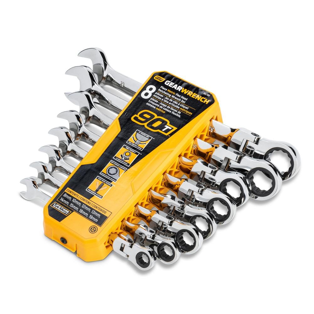GEARWRENCH Metric 90-Tooth Flex Head Combination Ratcheting Wrench Tool Set with Tray (8-Piece)