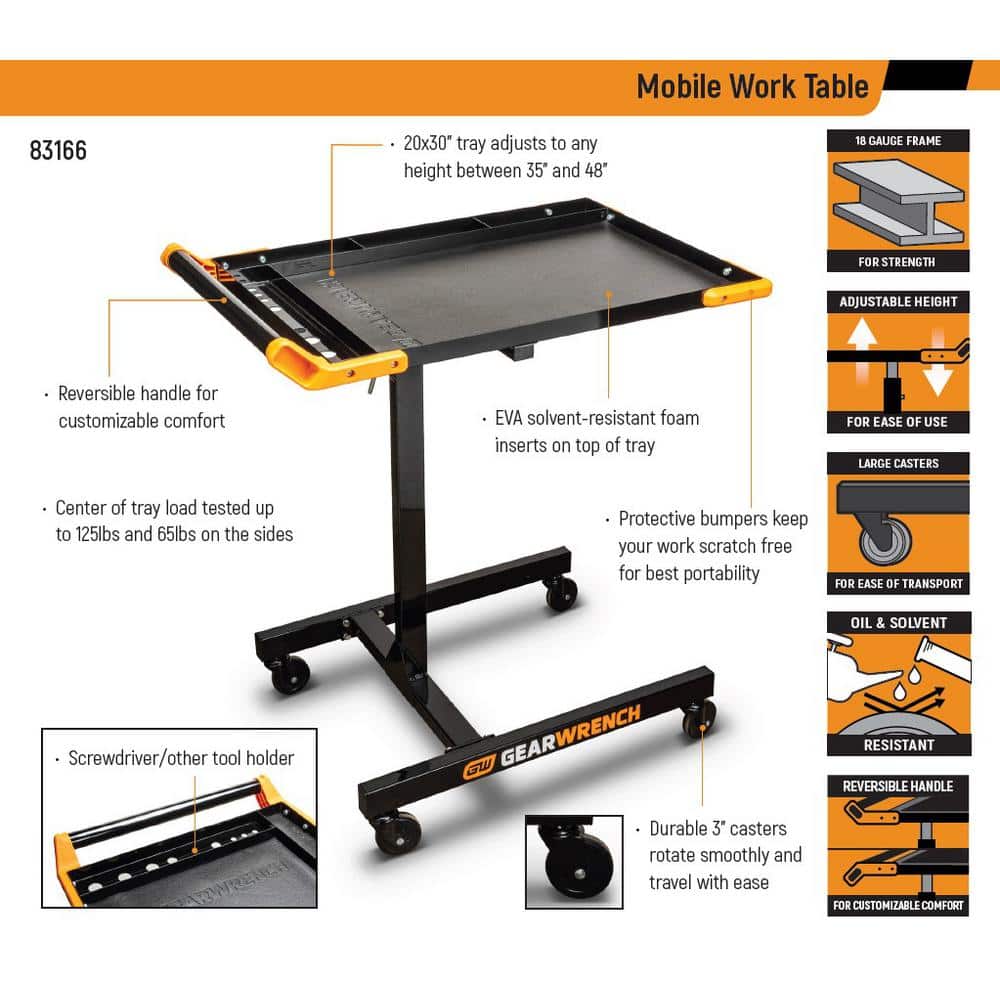 GEARWRENCH 35 in to 48 in Adjustable Height Mobile Work Table
