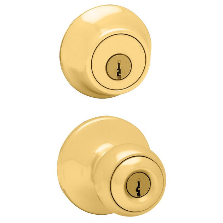Kwikset Polo Polished Brass Entry Lock and Single Cylinder Deadbolt, ANSI/BHMA Grade 3, 1-3/4 in