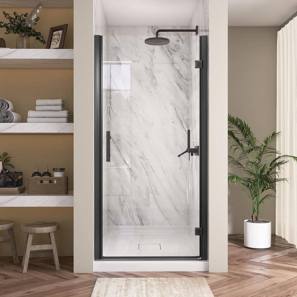 Getpro 36 to 37-1/4 in. W x72 in. H Frameless Shower Door Right Hinged Pivot Swing Single Door in Matte Black Clear Glass