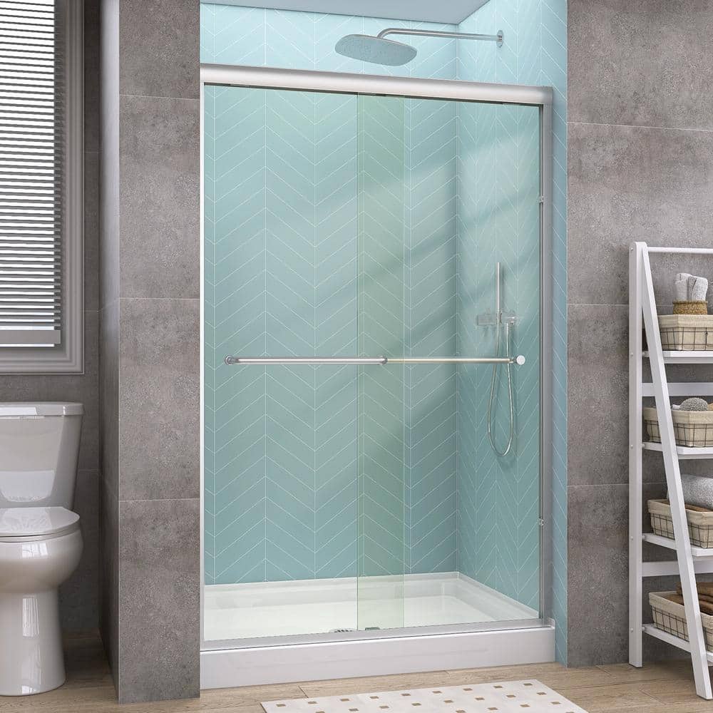 Getpro 44 in.-48 in. W x 72 in. H Double Sliding Framed Alcove Shower Door in Brushed Nickel with 1/4 in. (6 mm) Clear Glass