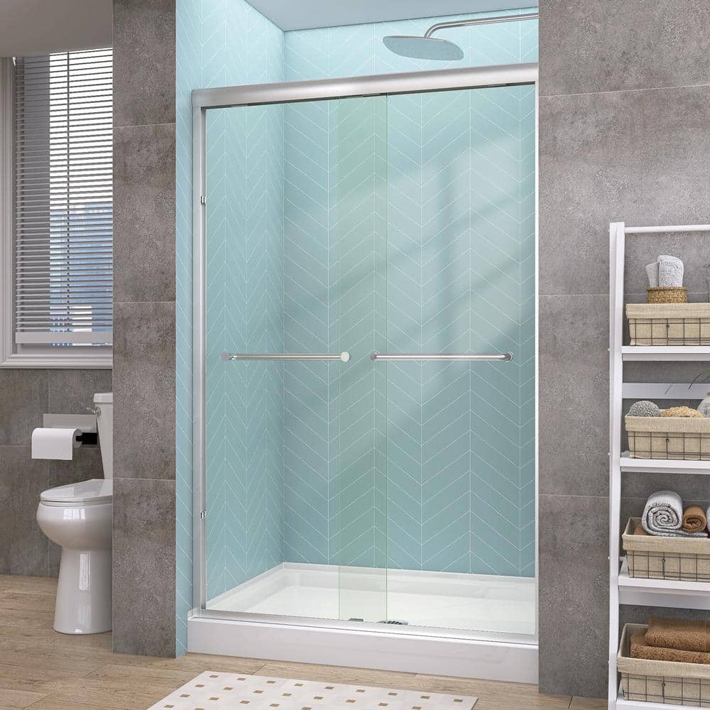 Getpro 44 in.-48 in. W x 72 in. H Double Sliding Framed Alcove Shower Door in Brushed Nickel with 1/4 in. (6 mm) Clear Glass