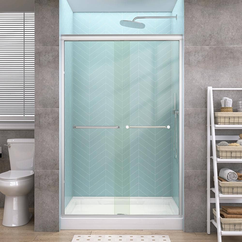 Getpro 44 in.-48 in. W x 72 in. H Double Sliding Framed Alcove Shower Door in Brushed Nickel with 1/4 in. (6 mm) Clear Glass