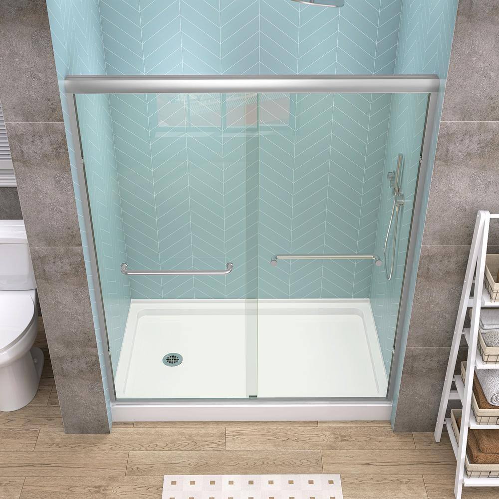 Getpro 56 in.-60 in. W x 72 in. H Double Sliding Framed Alcove Bypass Shower Door in Brushed Nickel with 1/4 in. Clear Glass
