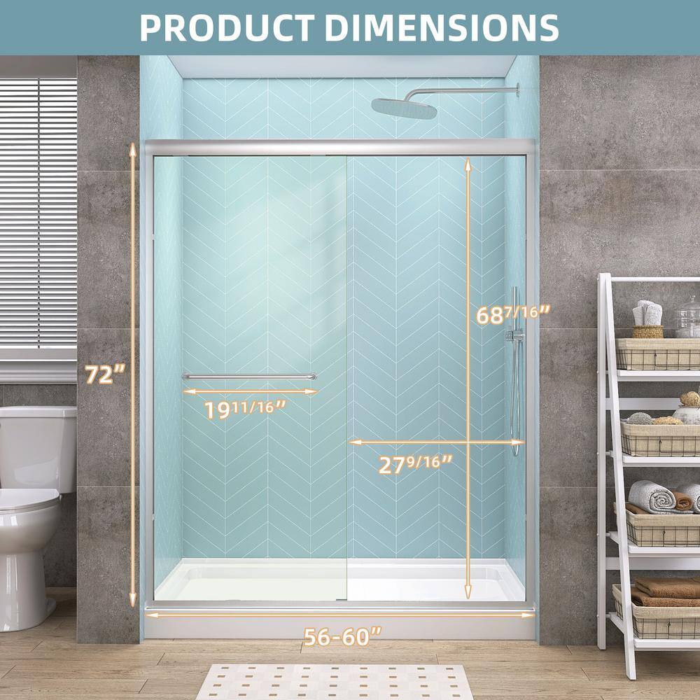 Getpro 56 in.-60 in. W x 72 in. H Double Sliding Framed Alcove Bypass Shower Door in Brushed Nickel with 1/4 in. Clear Glass