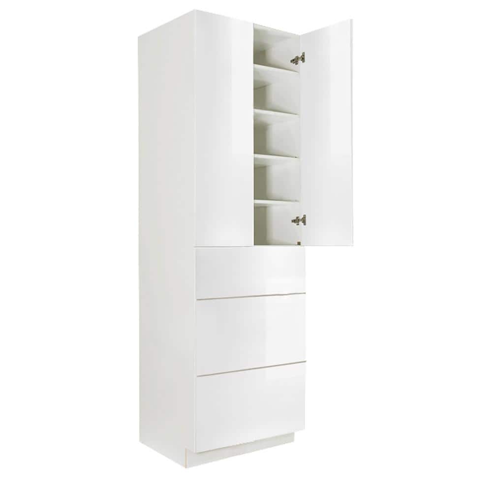 LIFEART CABINETRY Valencia Assembled 24-in. W x 24-in. D x 90-in. H in Gloss White Plywood Assembled 3-Drawer Pantry Kitchen Cabinet