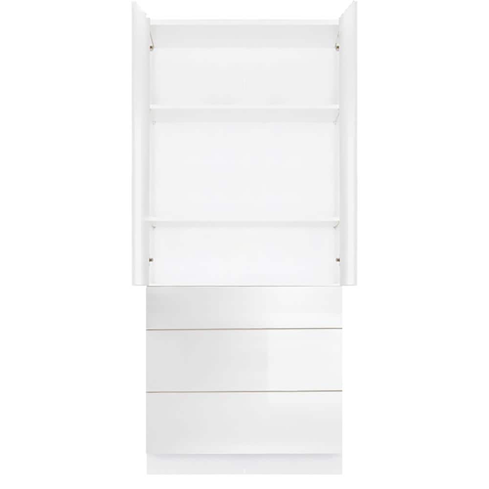 LIFEART CABINETRY Valencia Assembled 24-in. W x 24-in. D x 90-in. H in Gloss White Plywood Assembled 3-Drawer Pantry Kitchen Cabinet