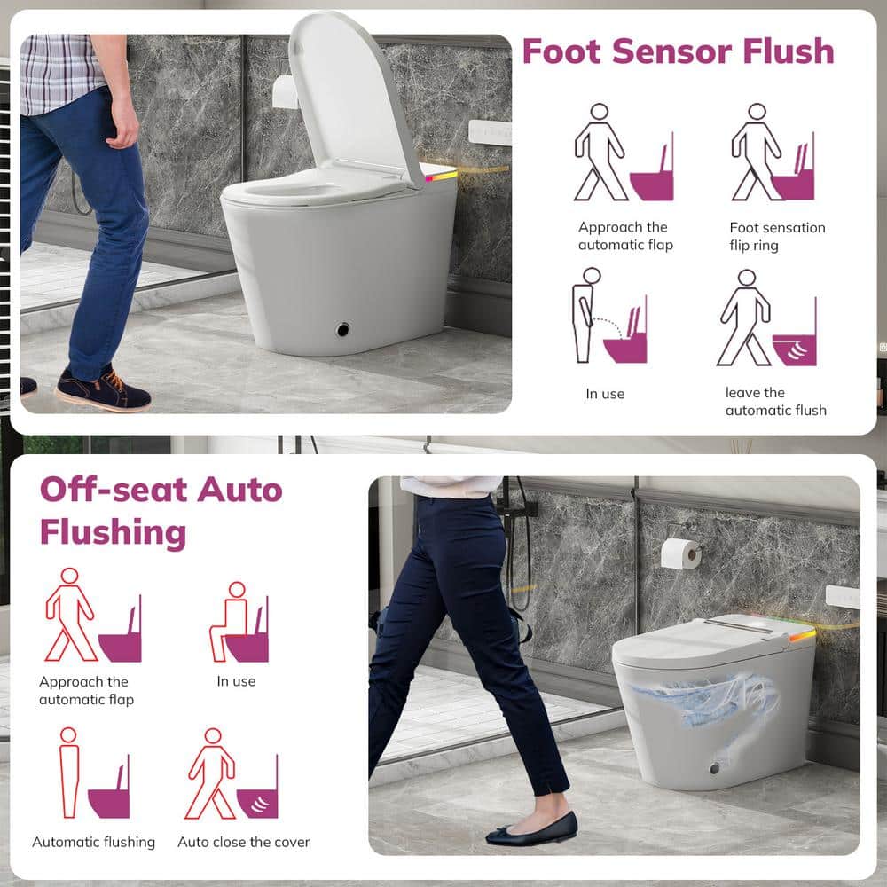 Relyblo Foot Sensor Smart Elongated Bidet Toilet in Glossy White with Adjustable Sprayer