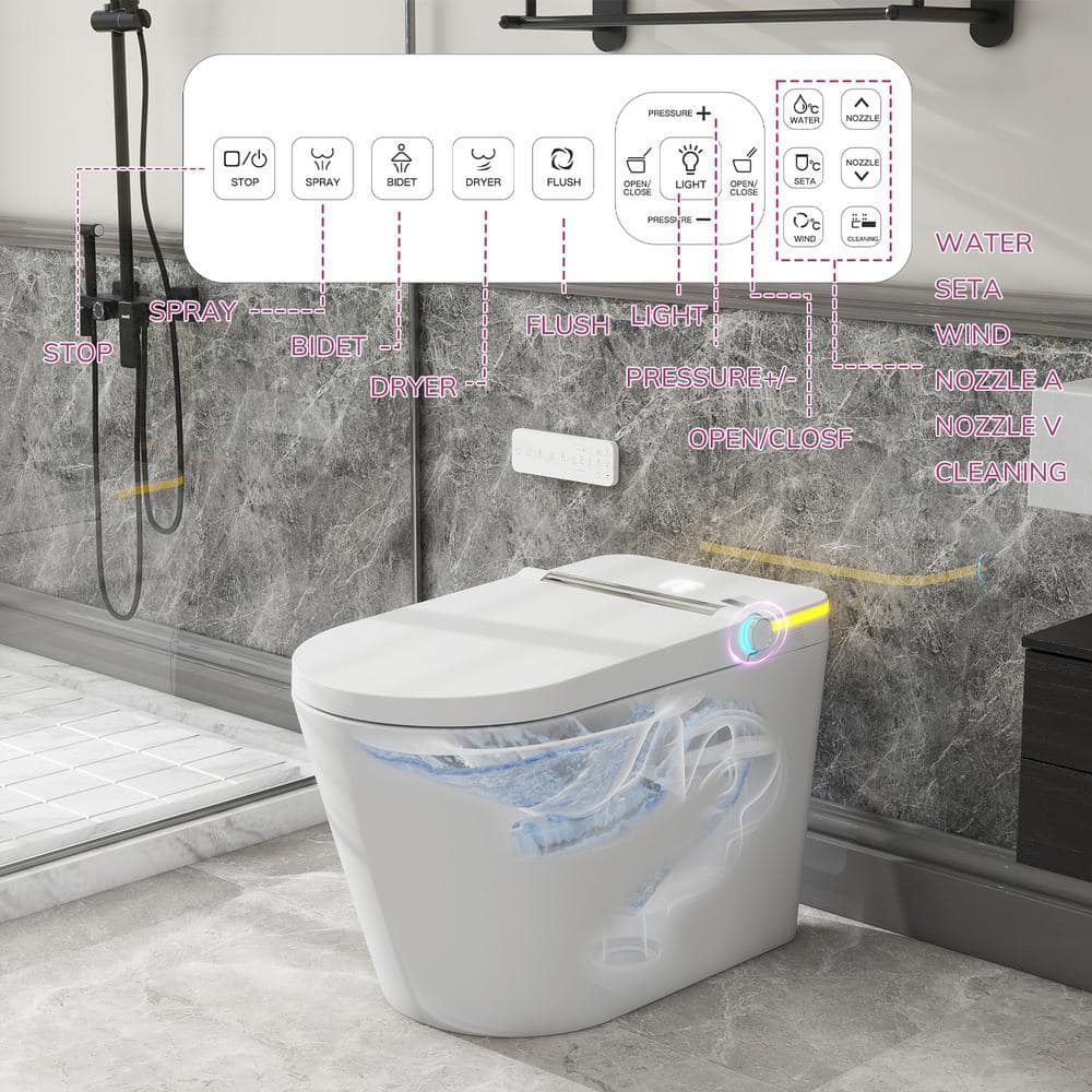 Relyblo Foot Sensor Smart Elongated Bidet Toilet in Glossy White with Adjustable Sprayer