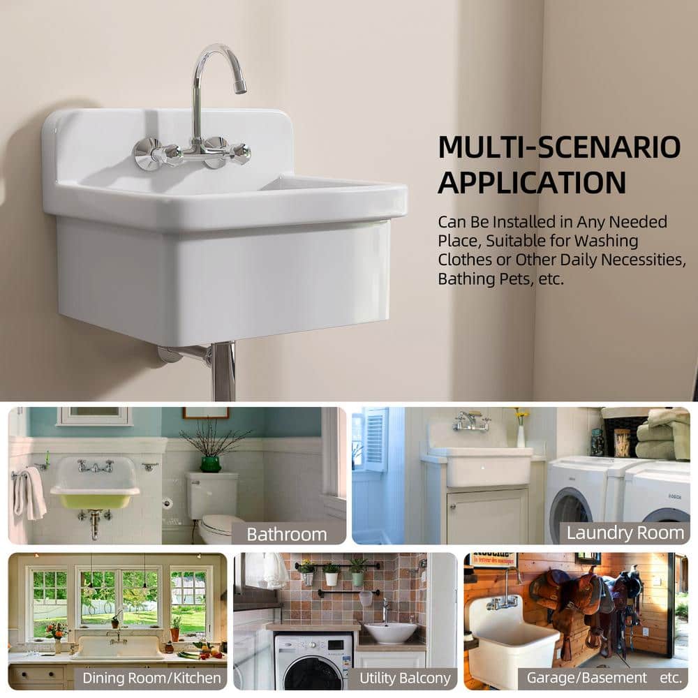 Zeafive High Back 10-Gallon Ceramic Wall Mount Utility Sink, 24x20x17 in.