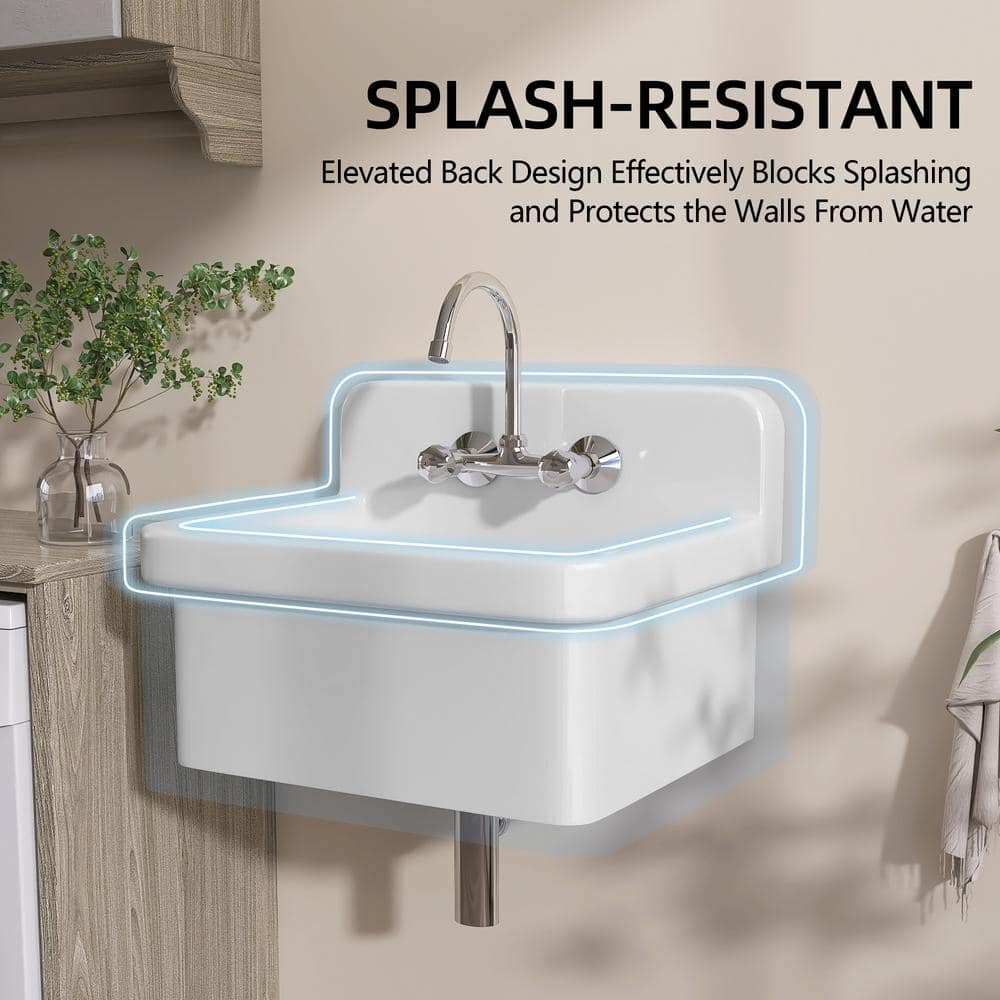 Zeafive High Back 10-Gallon Ceramic Wall Mount Utility Sink, 24x20x17 in.