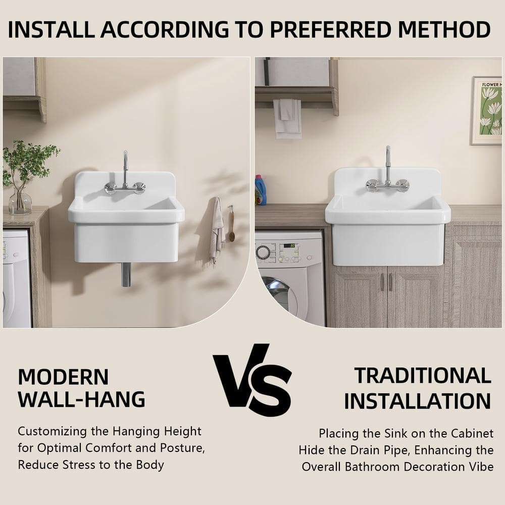 Zeafive High Back 10-Gallon Ceramic Wall Mount Utility Sink, 24x20x17 in.