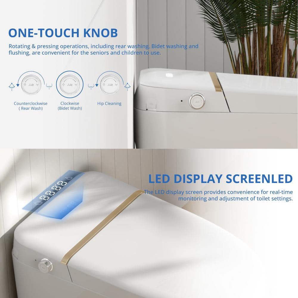 Relyblo Smart Elongated Bidet Toilet 1.27 GPF with Gold Edge White Finish