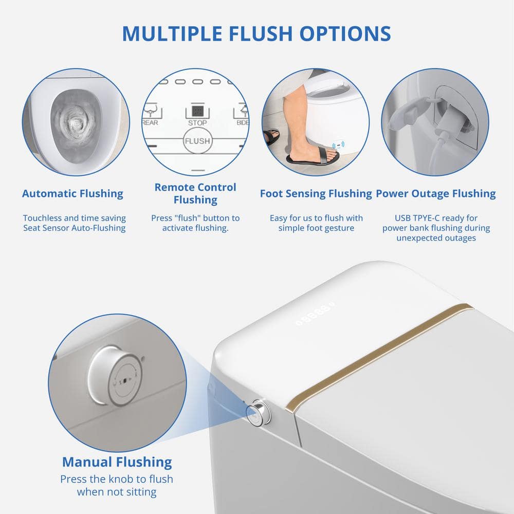 Relyblo Smart Elongated Bidet Toilet 1.27 GPF with Gold Edge White Finish