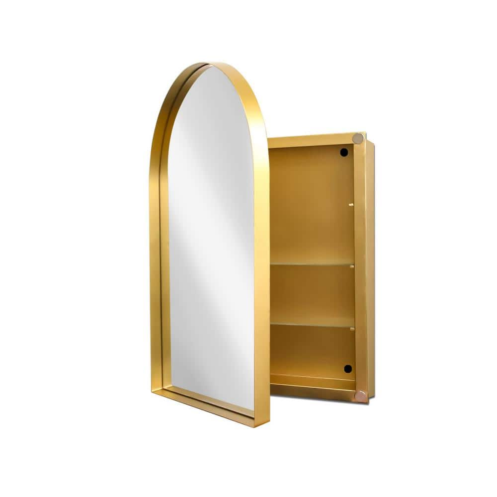 Tenleaf 24 in. W x 36 in. H Arched Recessed Metal Medicine Cabinet with Mirror and Adjustable Shelves in Matte Gold