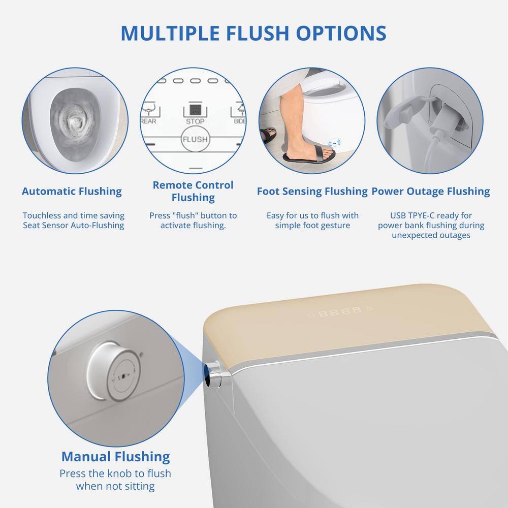 Relyblo intelligent Elongated Bidet Toilet 1.27 GPF in Gold White with Auto Open/Close and Foot Sensing