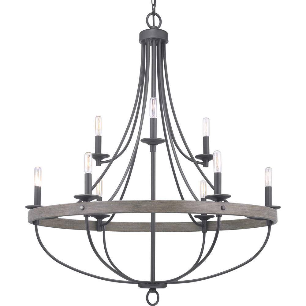 Progress Lighting Gulliver Collection 35-1/4 in. 9-Light Graphite Coastal Chandelier with Weathered Gray Wood Accents for Dining Rooms