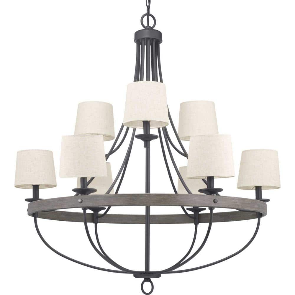 Progress Lighting Gulliver Collection 35-1/4 in. 9-Light Graphite Coastal Chandelier with Weathered Gray Wood Accents for Dining Rooms