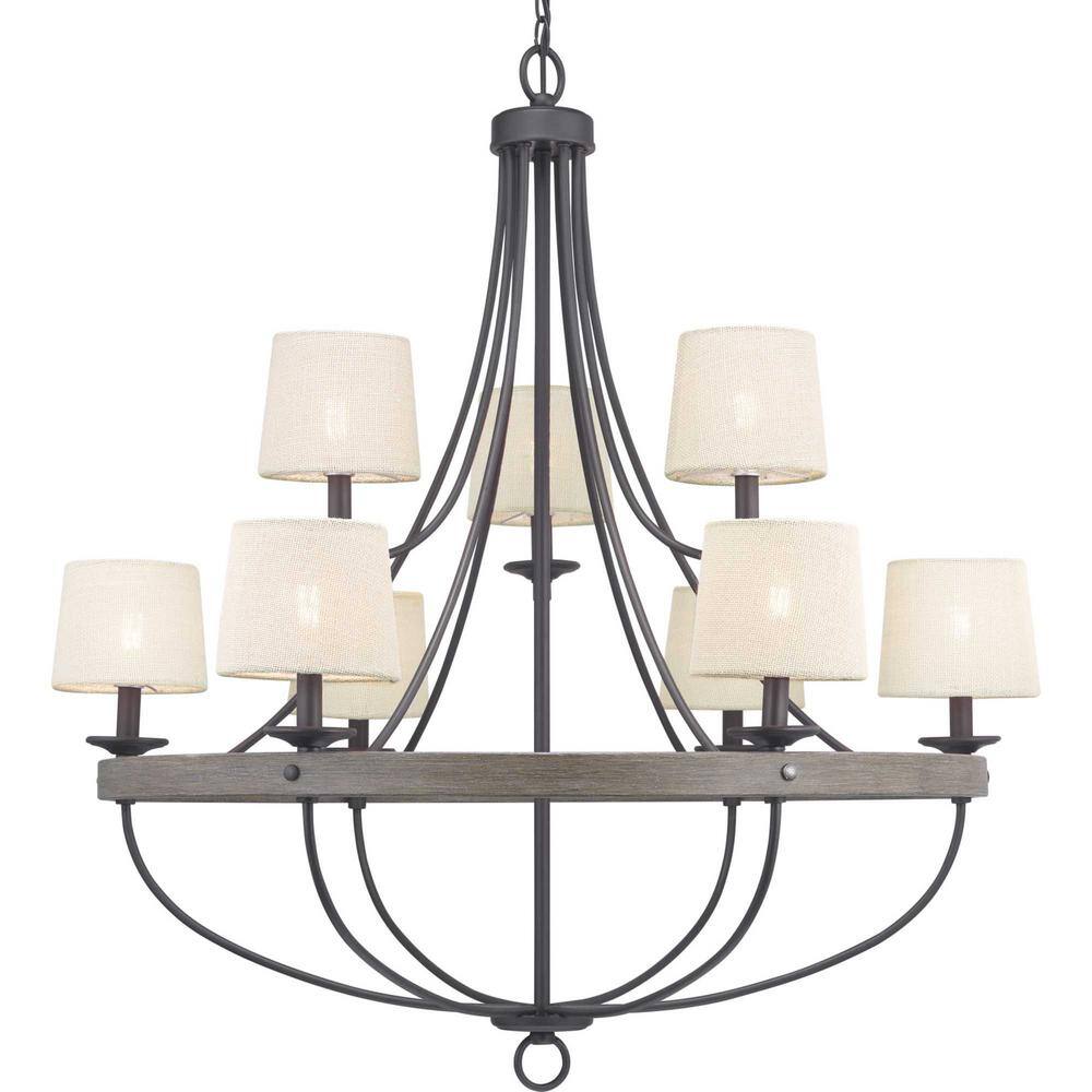 Progress Lighting Gulliver Collection 35-1/4 in. 9-Light Graphite Coastal Chandelier with Weathered Gray Wood Accents for Dining Rooms