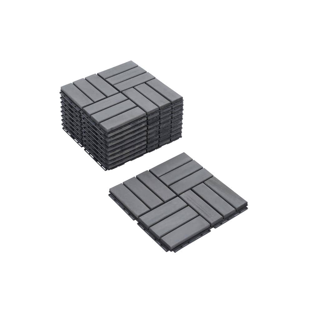 Amucolo 12 in. x 12 in. Checker Pattern Acacia Wood Interlocking Deck Tiles in Gray for Patio, Pool Side (Set of 10 Tiles)