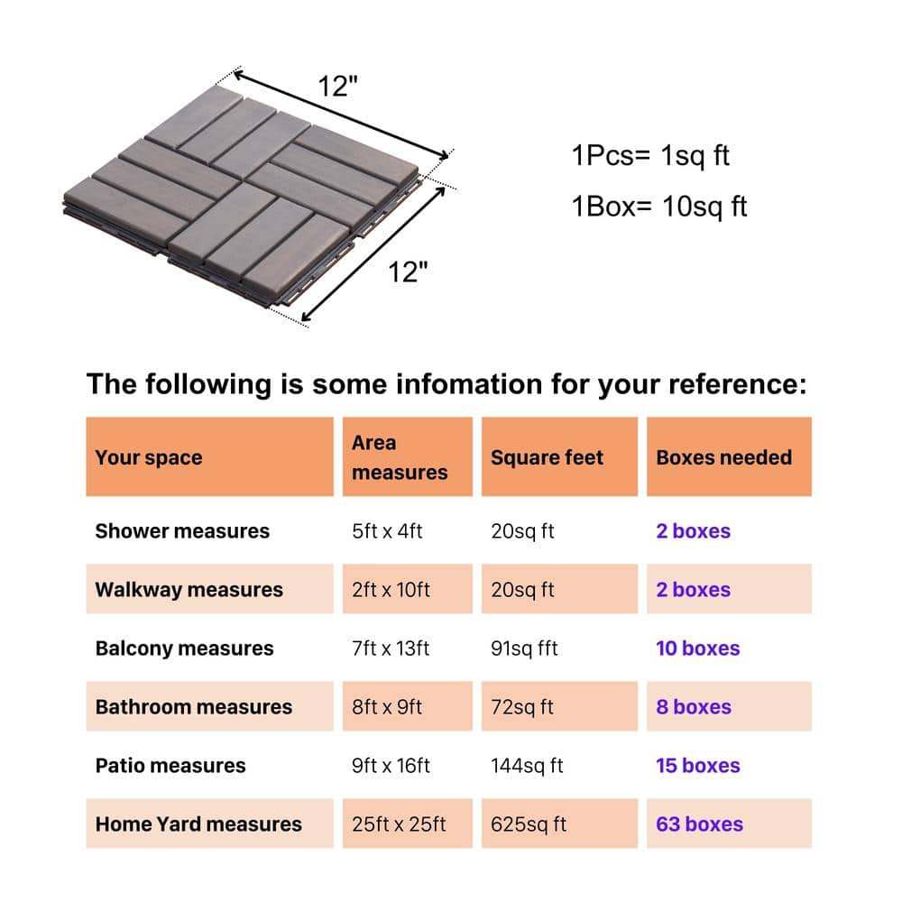 Amucolo 12 in. x 12 in. Checker Pattern Acacia Wood Interlocking Deck Tiles in Gray for Patio, Pool Side (Set of 10 Tiles)