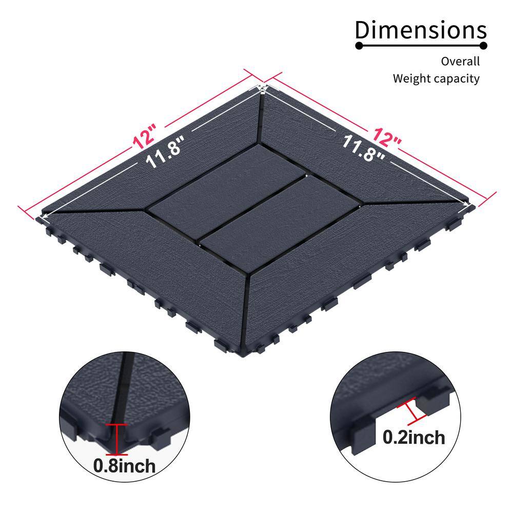 Amucolo 12 in. x 12 in. Waterproof Plastic Interlocking Deck Tiles in Dark Gray for Poolside Balcony Backyard (Set of 44 Tiles)