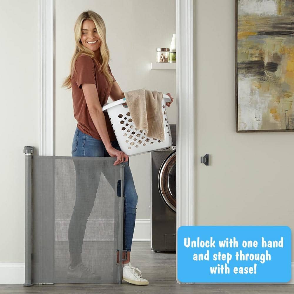 Angel Sar Gray 33" x 55" H PVC Retractable Baby Gates, Hardware Mounted Wide Mesh Dog Gate for Stairs Doorways Hallways