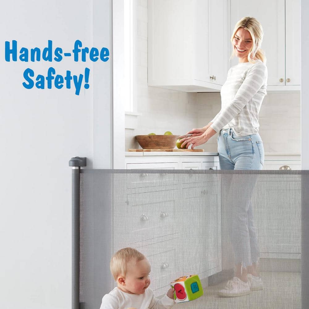 Angel Sar Gray 33" x 55" H PVC Retractable Baby Gates, Hardware Mounted Wide Mesh Dog Gate for Stairs Doorways Hallways