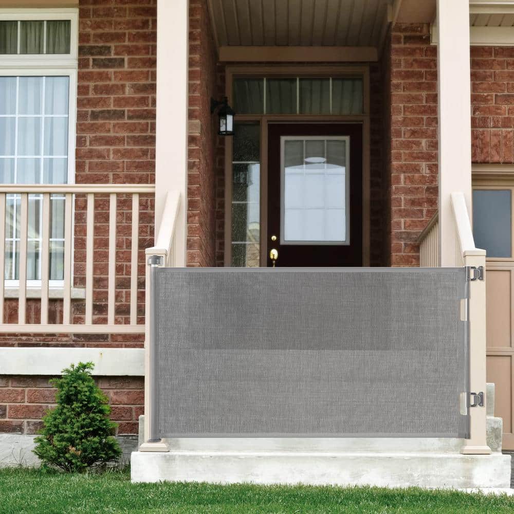 Angel Sar Gray 33" x 55" H PVC Retractable Baby Gates, Hardware Mounted Wide Mesh Dog Gate for Stairs Doorways Hallways