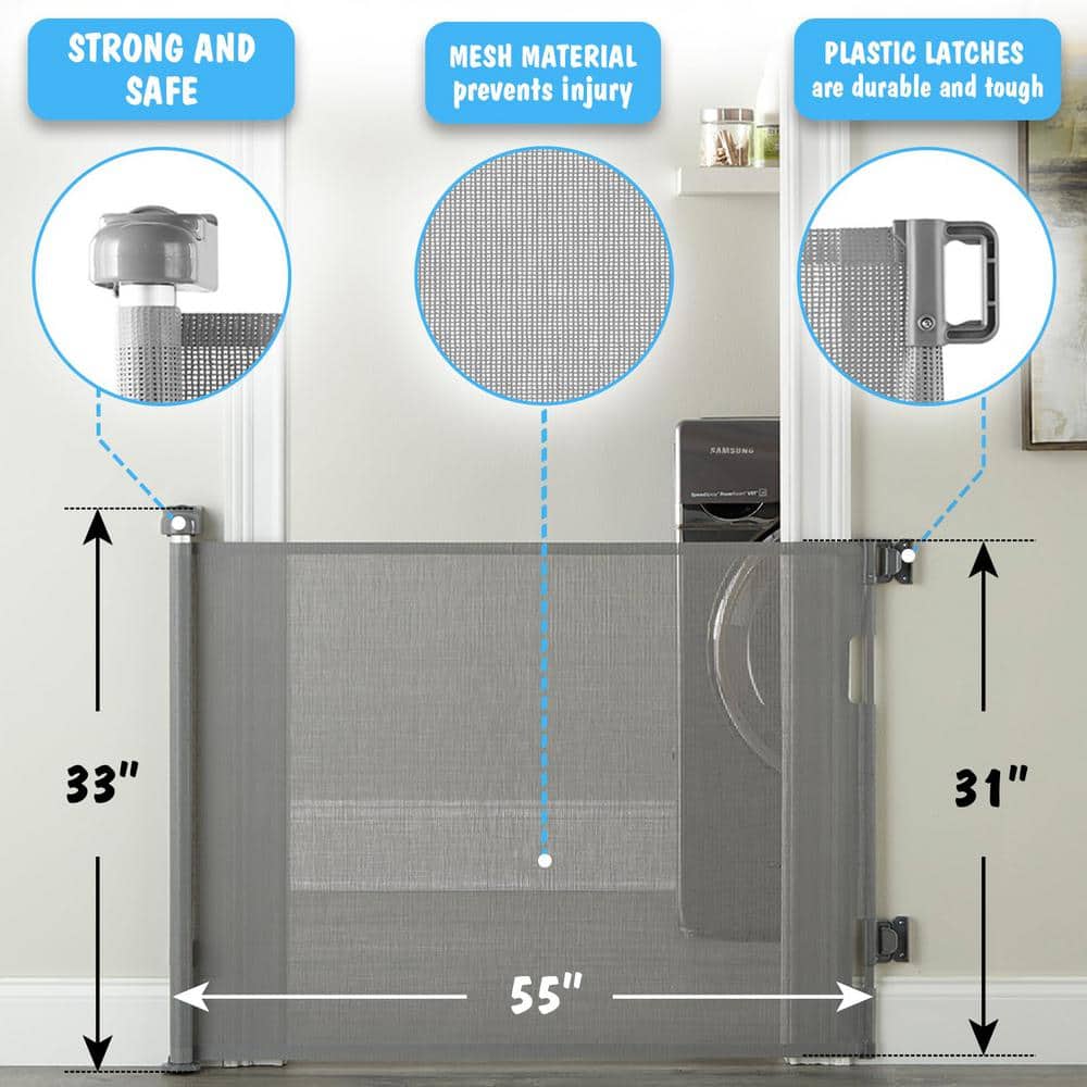 Angel Sar Gray 33" x 55" H PVC Retractable Baby Gates, Hardware Mounted Wide Mesh Dog Gate for Stairs Doorways Hallways