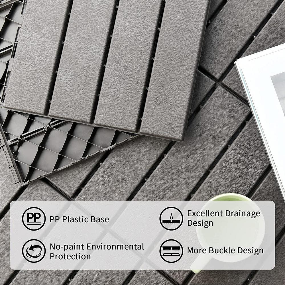 cadeninc 12 in. x 12 in. Dark Gray Square 4 Slat Plastic Outdoor Flooring Tiles All Weather (Set of 44 Tiles)