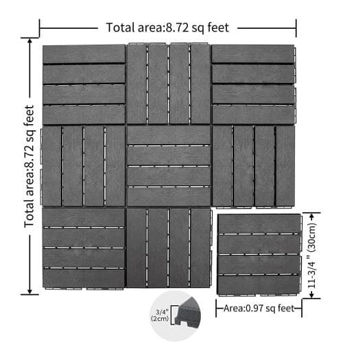 cadeninc 12 in. x 12 in. Dark Gray Square 4 Slat Plastic Outdoor Flooring Tiles All Weather (Set of 44 Tiles)