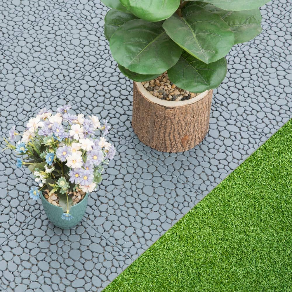 Gardenised Plastic Interlocking Cobbled Stone Look Garden Pathway Tiles, Decorative Floor Grass Pavers Anti- Slip Mat (5-Pack)