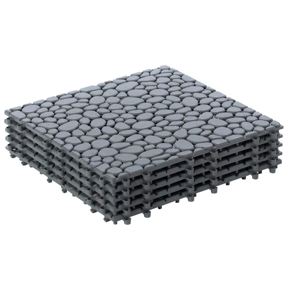 Gardenised Plastic Interlocking Cobbled Stone Look Garden Pathway Tiles, Decorative Floor Grass Pavers Anti- Slip Mat (5-Pack)