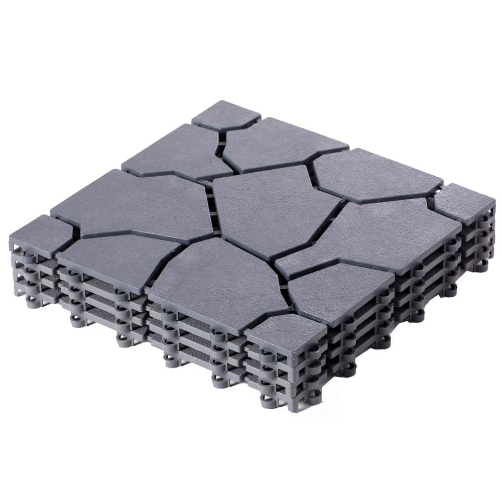 Gardenised Gray Plastic Garden Path Track Interlocking Stone Look Design Pathway Tile Floor Paver (Pack of 4)