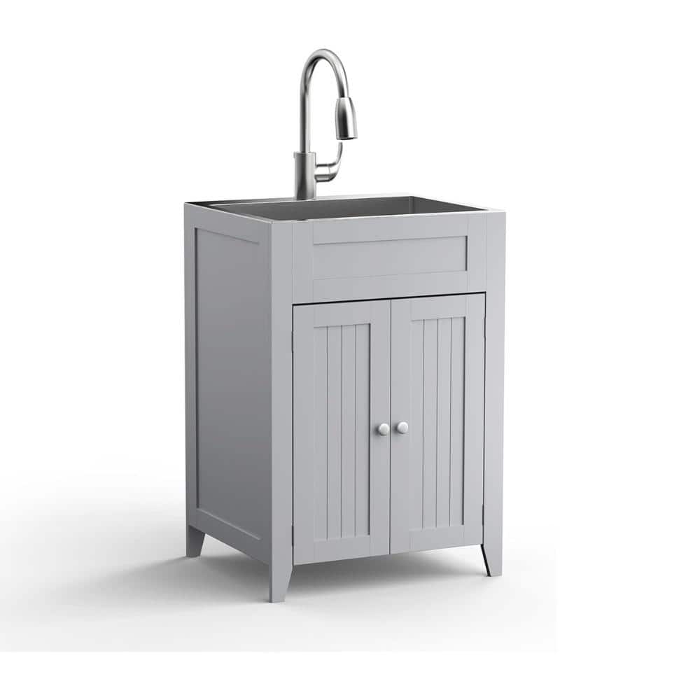 Karl home 24 in. D Drop-In Laundry/Utility Sink in Gray with Cabinet and Pull-Out Sprayer Faucet