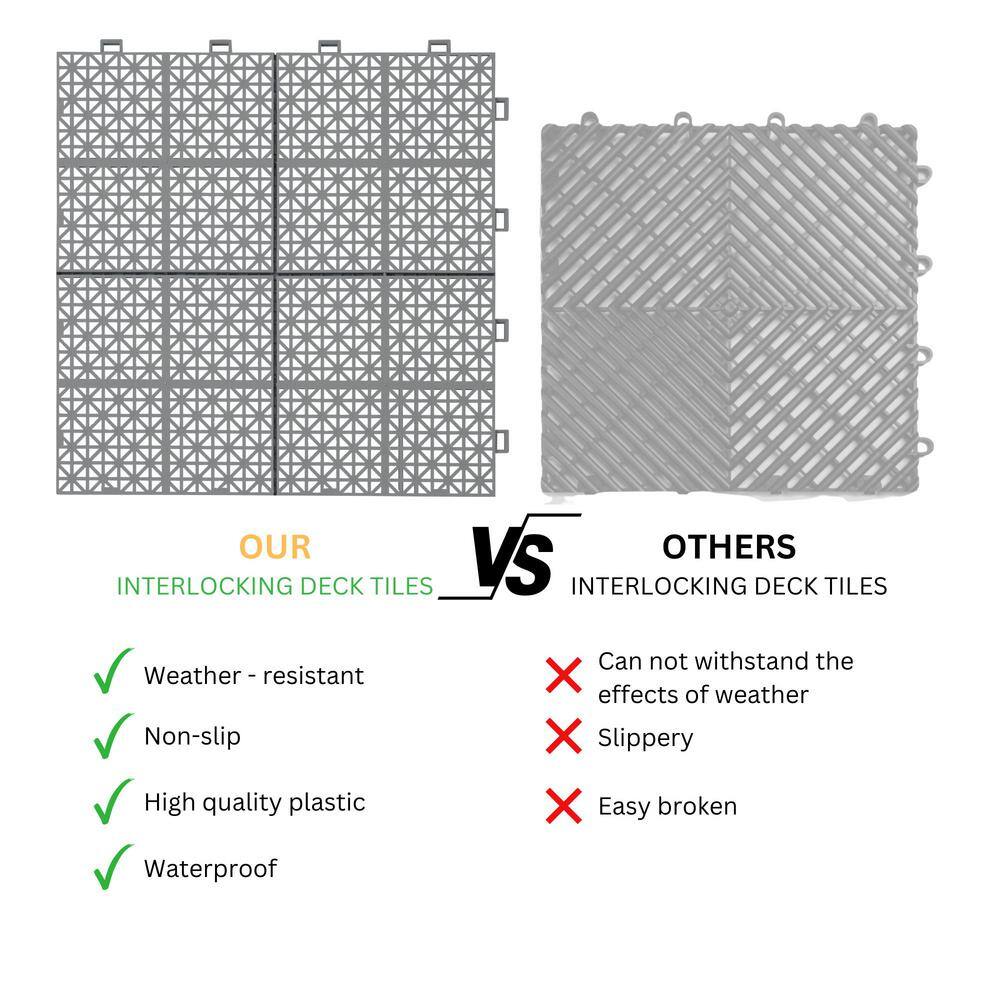 LIVIZA 1 ft. x 1 ft. Anti-Slip Plastic Deck Tile in Gray (12-Piece), Rosette Pattern
