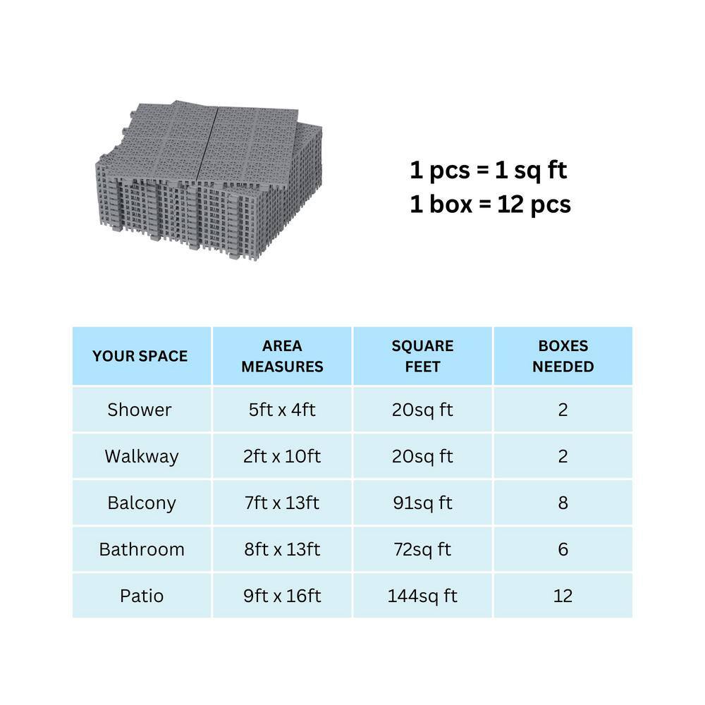 LIVIZA 1 ft. x 1 ft. Anti-Slip Plastic Deck Tile in Gray (12-Piece), Rosette Pattern