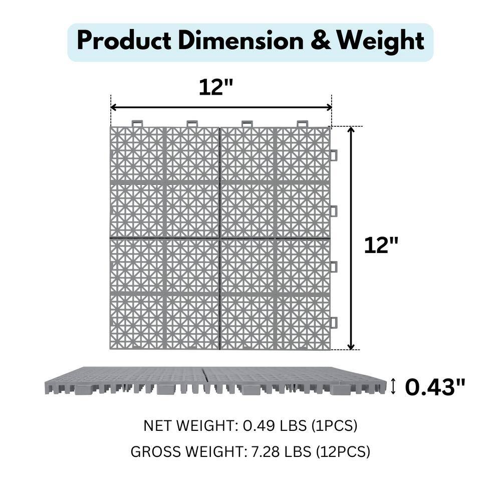 LIVIZA 1 ft. x 1 ft. Anti-Slip Plastic Deck Tile in Gray (12-Piece), Rosette Pattern