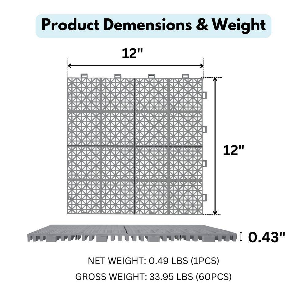 LIVIZA 1 ft. x 1 ft. Anti-Slip Plastic Deck Tile in Gray (60-Piece), Rosette Pattern
