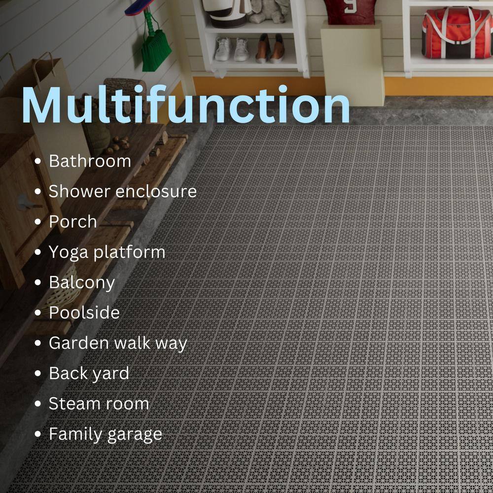 LIVIZA 1 ft. x 1 ft. Anti-Slip Plastic Deck Tile in Gray (60-Piece), Rosette Pattern