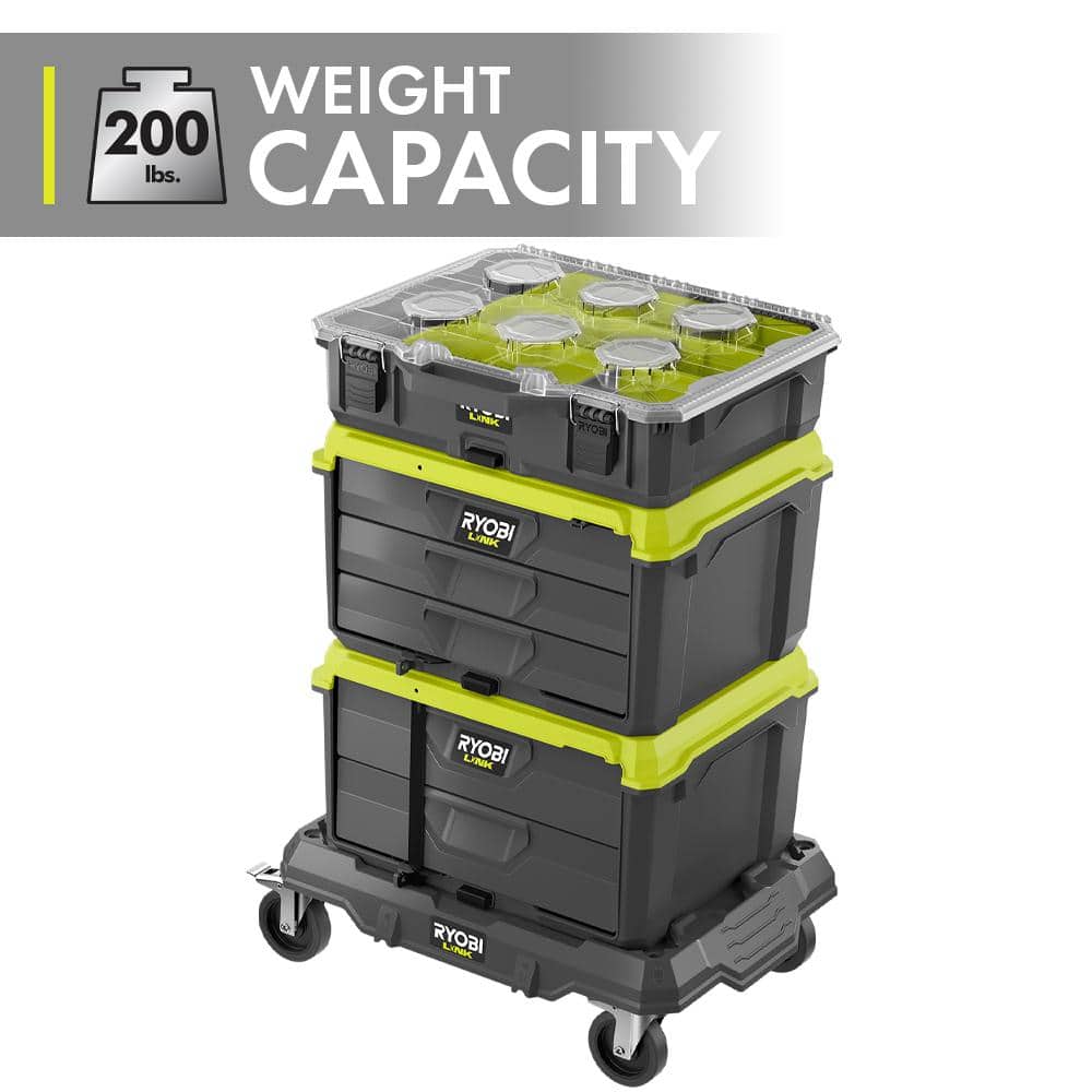 RYOBI LINK Modular Dolly Multi-Purpose Rolling Base with LINK 2-Drawer Tool Box and LINK 3-Drawer Tool Box