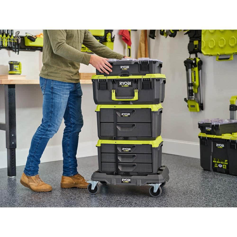 RYOBI LINK Modular Dolly Multi-Purpose Rolling Base with LINK 2-Drawer Tool Box and LINK 3-Drawer Tool Box