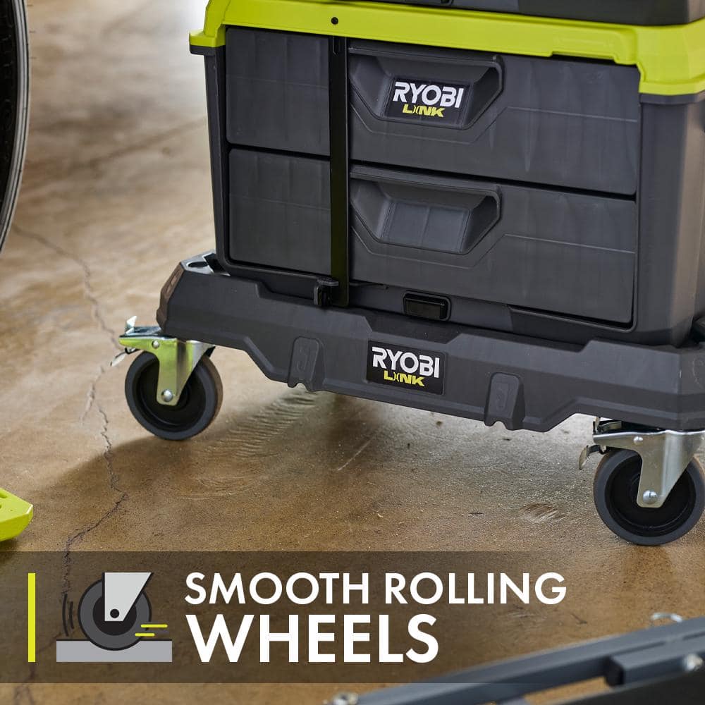 RYOBI LINK Modular Dolly Multi-Purpose Rolling Base with LINK 2-Drawer Tool Box and LINK 3-Drawer Tool Box