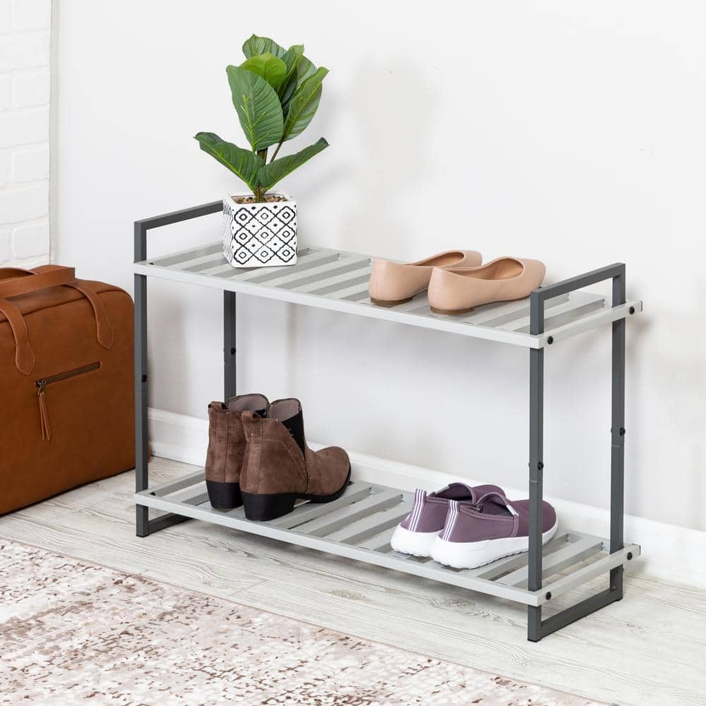 20 in. H x 30 in. W 6-Pair 2-Shelf White/Gray Steel Freestanding Shoe Rack