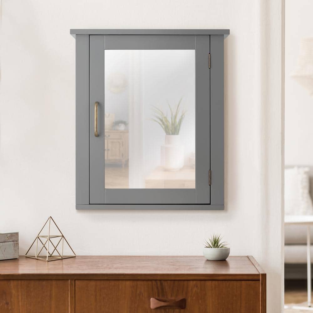Teamson Home Mercer Mid Century Modern 18.11 in. W x 6 in. L x 20.62 in. H Wooden Wall Medicine Cabinet with Mirror in Gray