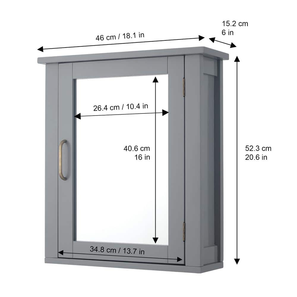 Teamson Home Mercer Mid Century Modern 18.11 in. W x 6 in. L x 20.62 in. H Wooden Wall Medicine Cabinet with Mirror in Gray