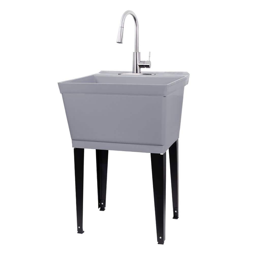 TEHILA Grey Utility Sink Set with Pull-Down Faucet - 22.875 x 23.5 in. 19 Gal.