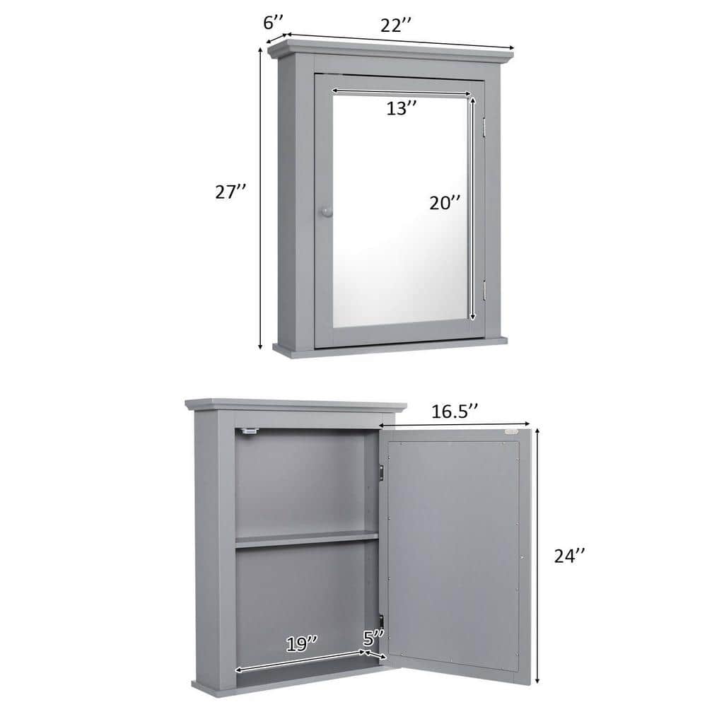 WELLFOR 22 in. W x 27 in. H Rectangular Gray MDF Surface Mount Medicine Cabinet with Mirror